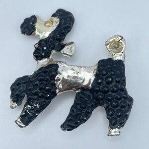 Vintage 90s Silver Tone Textured Black Enamel Poodle Dog Brooch Pin Jewelry 90s